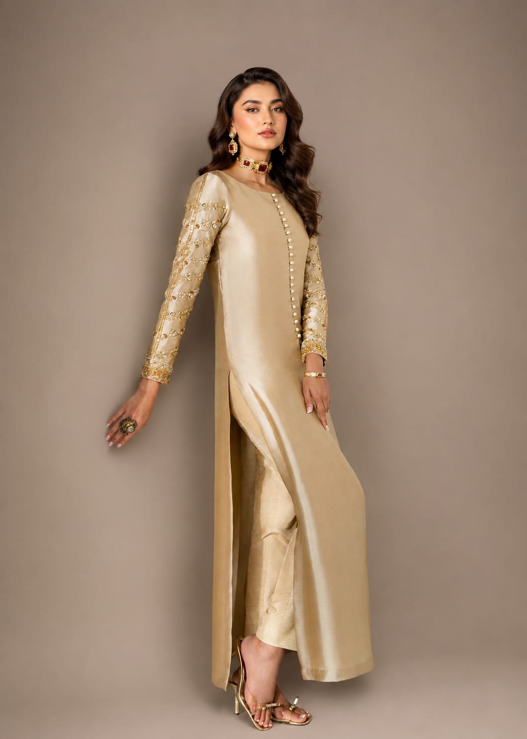 Beige Gold Lama Tissue Silk Suit with Pearl Floral Embroidery - Image 2