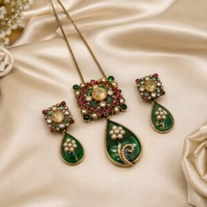Sabyasachi Inspired Green Carved Doublet Necklace and Earring Set
