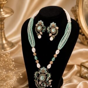 Premium Designer Mint Green Beaded Long Necklace and Earring Set