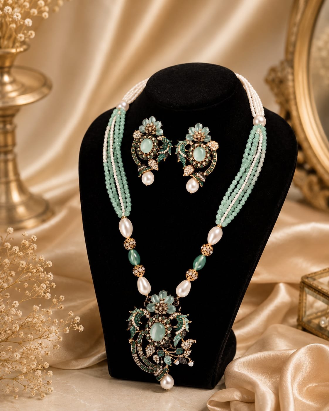 Premium Designer Mint Green Beaded Long Necklace and Earring Set