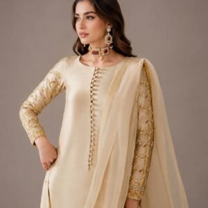 Beige Gold Tissue Silk Suit with Pearl Floral Embroidery - 01