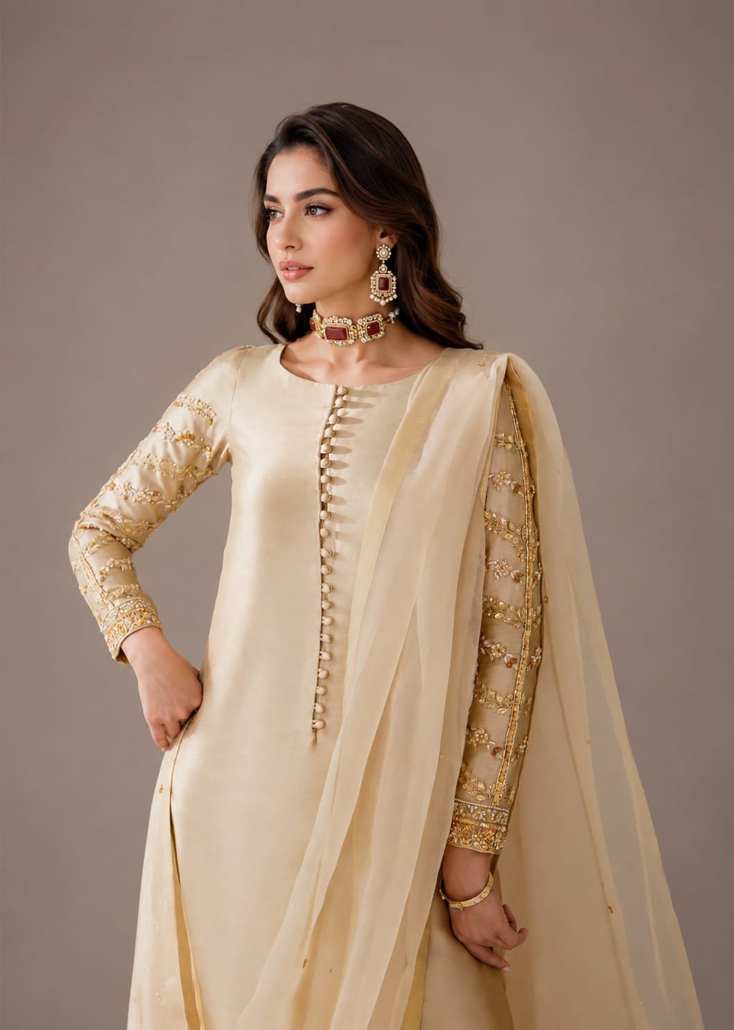 Beige Gold Tissue Silk Suit with Pearl Floral Embroidery - 01