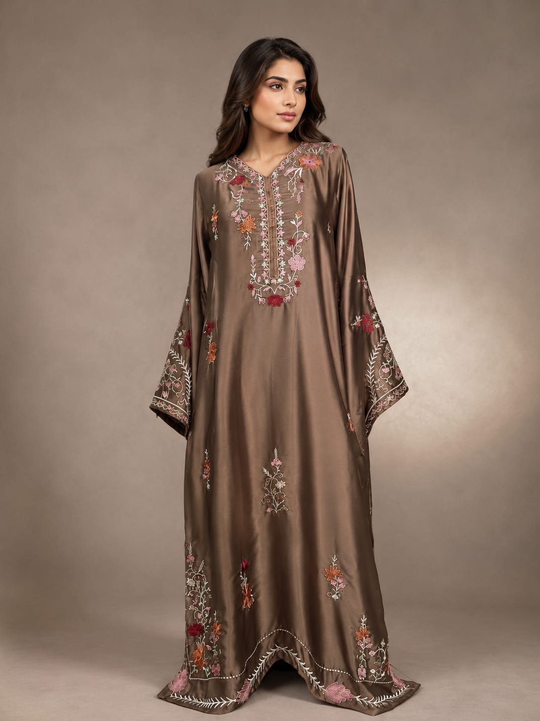 Beige Sheesha Silk Suit with Thread Work Embroidery - 01