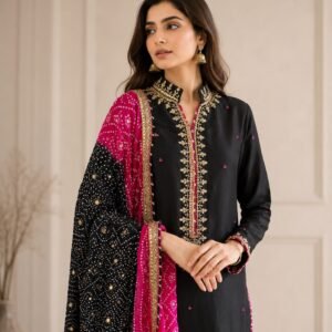 Black Raw Silk Festive Suit with Hand Embroidery & Bandhani Mukesh Dupatta - 01