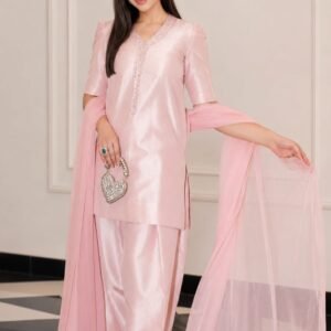 Candy Pink Korean Tissue Silk Suit with Crystal Embellished Neckline -02