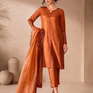 Caramel Brown Self Sheesha Silk Suit with Khadi Net Dupatta -01
