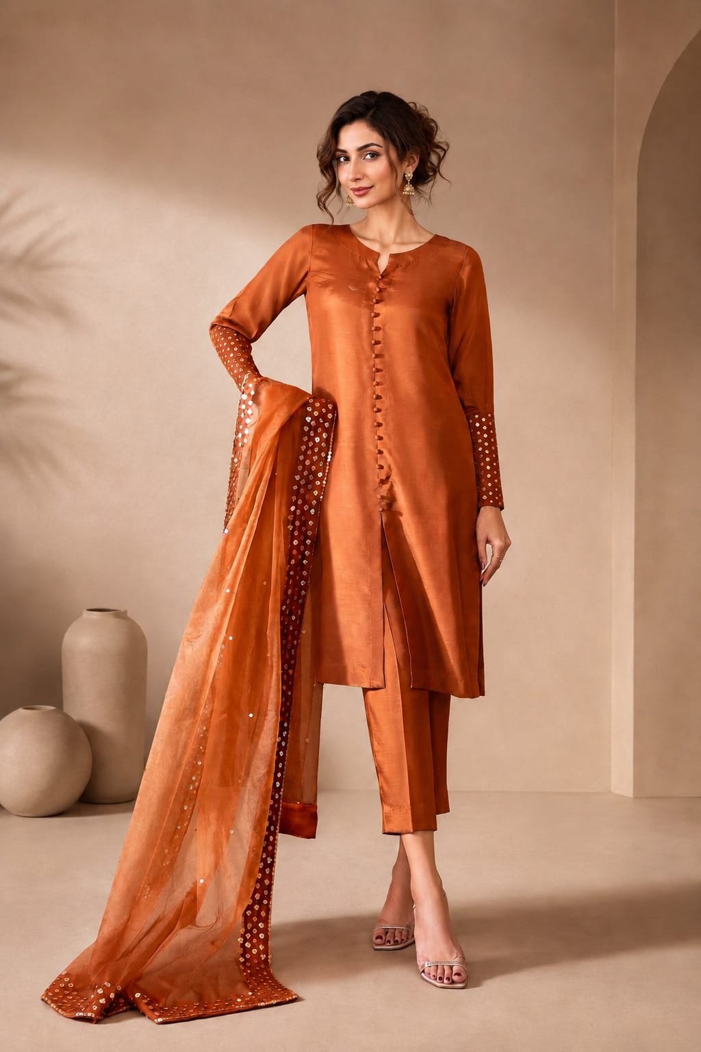 Caramel Brown Self Sheesha Silk Suit with Khadi Net Dupatta -01