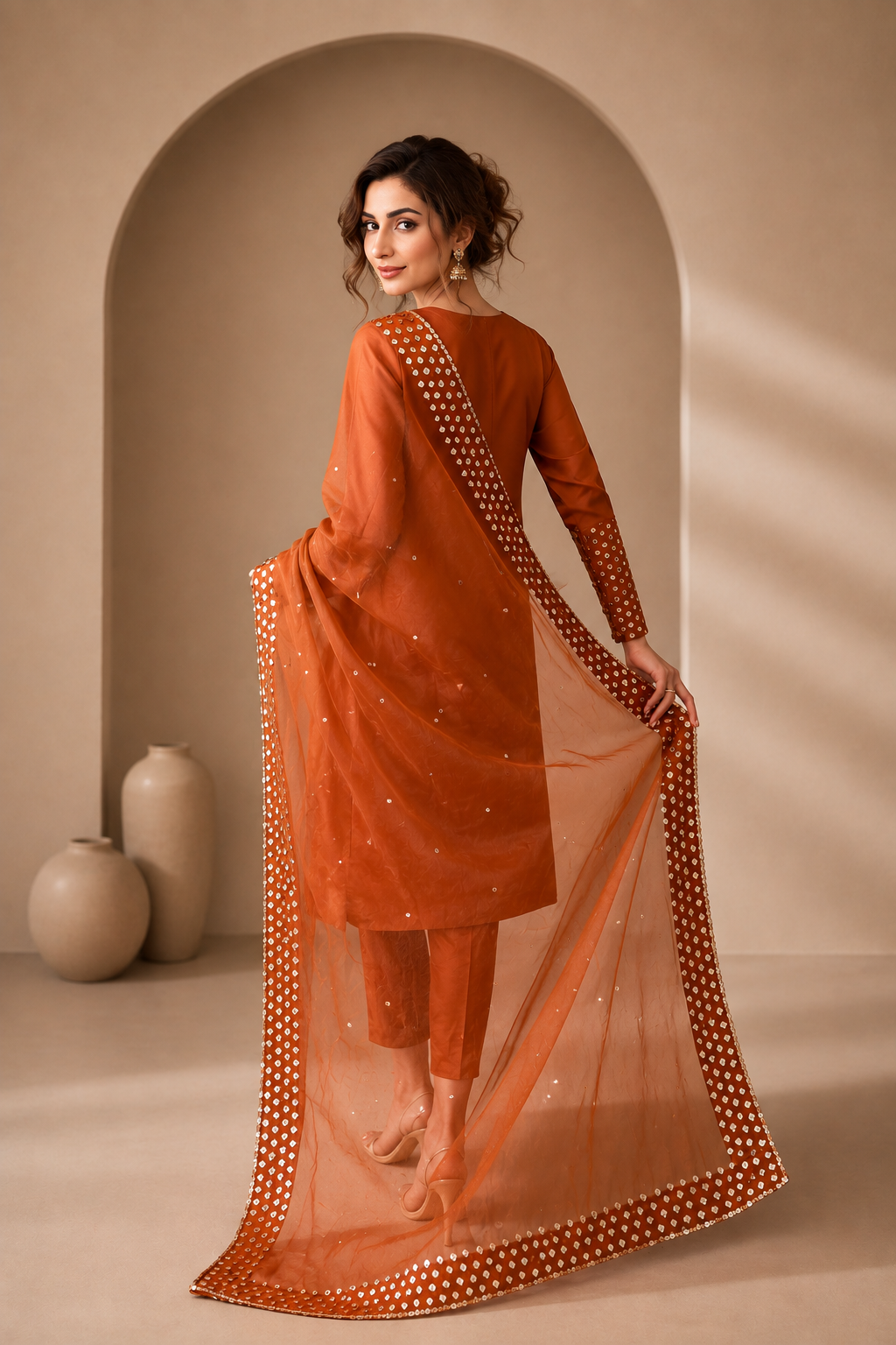Caramel Brown Self Sheesha Silk Suit with Khadi Net Dupatta - 02