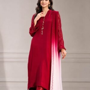 Cherry Red Russian Silk Formal Suit with Metallic Buttons & Two-Tone Dupatta - 01