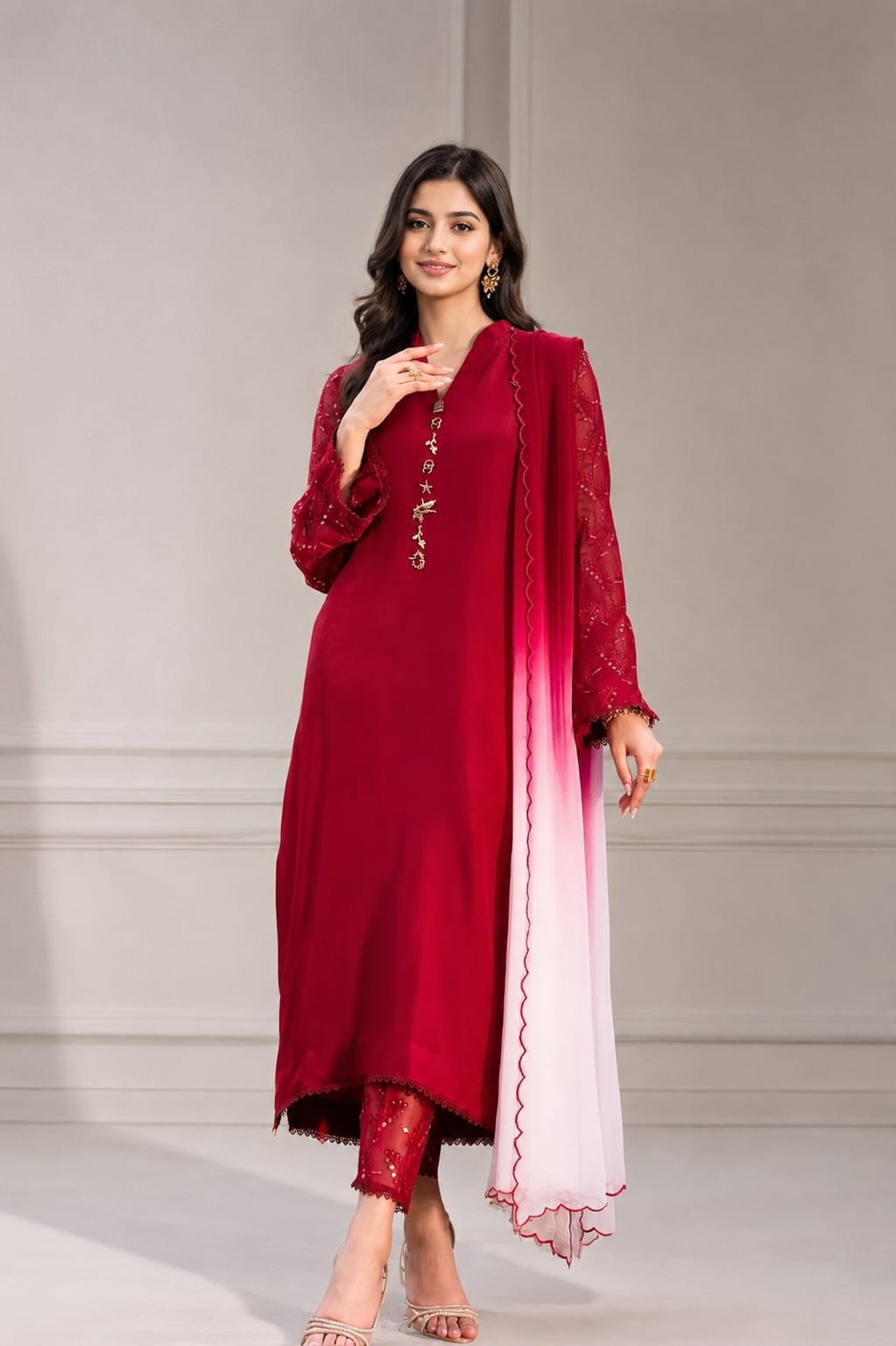 Cherry Red Russian Silk Formal Suit with Metallic Buttons & Two-Tone Dupatta - 01