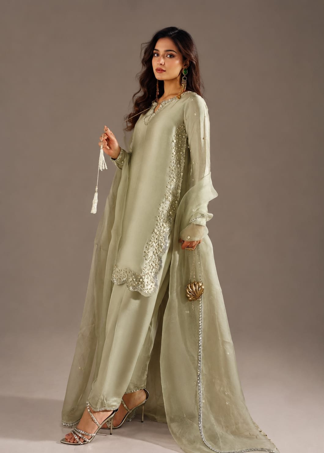 Cool Smoke Grey Tissue Silk Suit with Delicate Embellishment - 01