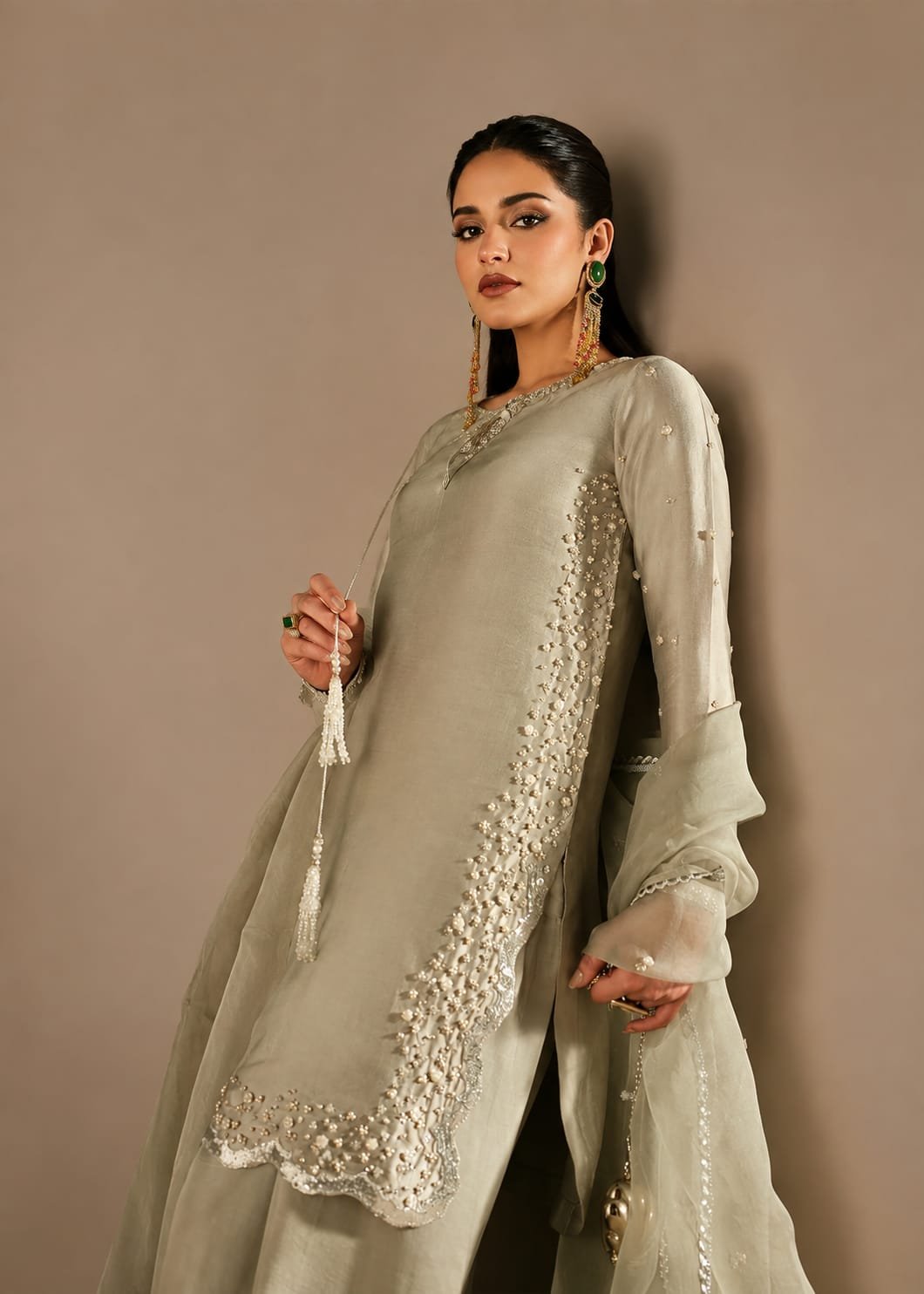 Cool Smoke Grey Tissue Silk Suit with Delicate Embellishment - 02