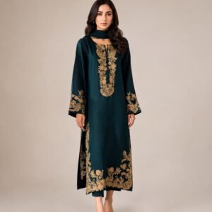 Emerald Green Sheesha Silk Formal Suit with Hand Embroidery & Chiffon Dupatta -01