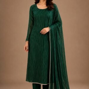 Emerald Green Silk Suit with Diamond-Cut Embellished Stripes - 02