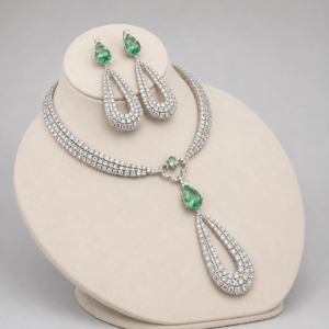 Mint AAA Cubic Zircon Teardrop Necklace and Earring Set, Rhodium Plated