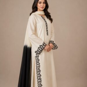 Light Cream Raw Silk Suit with Black Hand Embroidered Border - 01