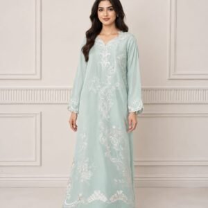 Light Sage Kaftaan Set with Asymmetrical Vine Embroidery, 2-Piece-02