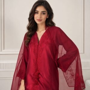 Maroon Khadi Silk Formal Suit with Embroidery & Organza Dupatta - 01