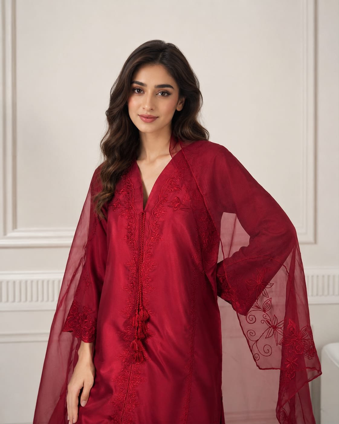 Maroon Khadi Silk Formal Suit with Embroidery & Organza Dupatta - 01