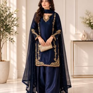 Midnight Blue Festive Suit with Hand Embroidery & Sheesha Silk Dupatta -01