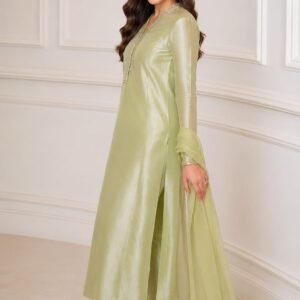 Mint Green Tassel Silk Suit with Beaded Neckline & Chiffon Dupatta - 01
