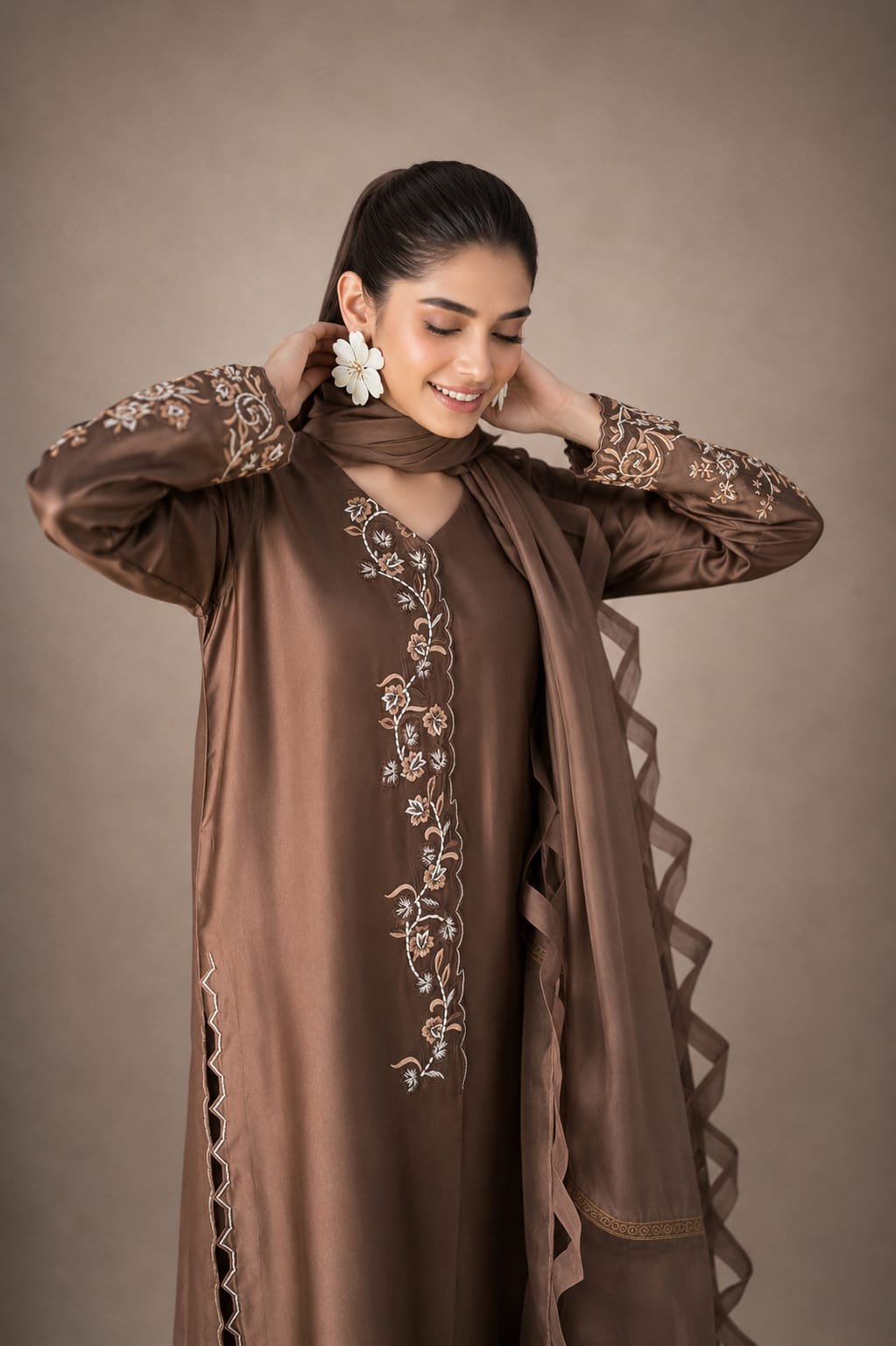 Mocha Brown Sheesha Silk Suit with Fine Thread Embroidery - 01