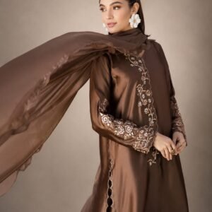 Mocha Brown Sheesha Silk Suit with Fine Thread Embroidery - 02