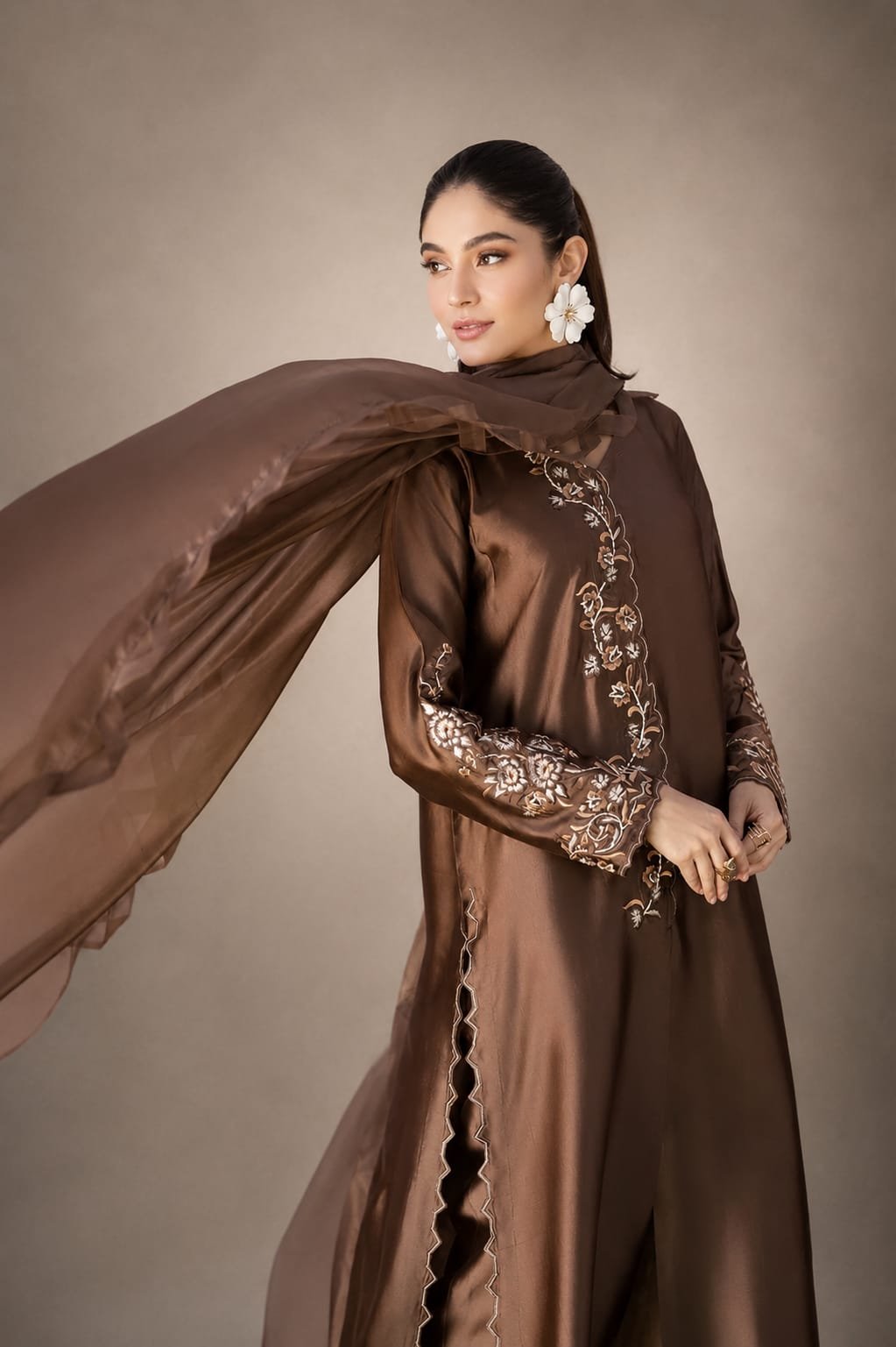 Mocha Brown Sheesha Silk Suit with Fine Thread Embroidery - 02