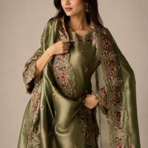 Olive Green Sheesha Silk Suit with Hand Embellishment - 01