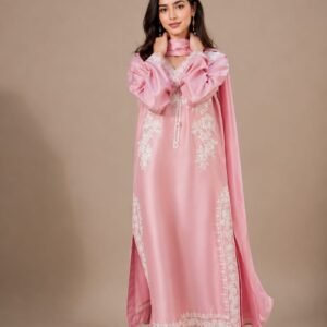 Powder Pink Raw Silk Suit with White Aari Floral Embroidery - 01