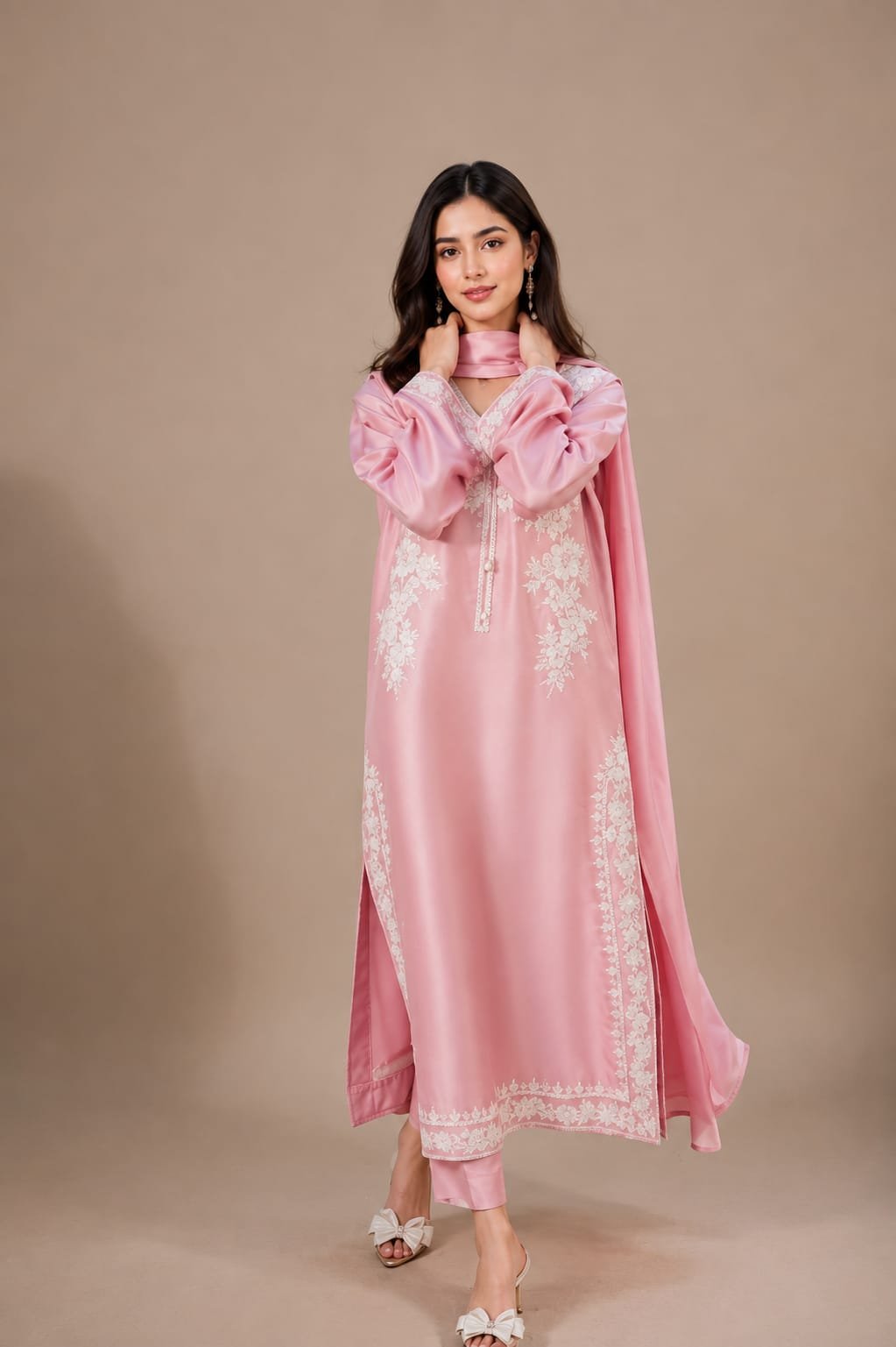Powder Pink Raw Silk Suit with White Aari Floral Embroidery - 01