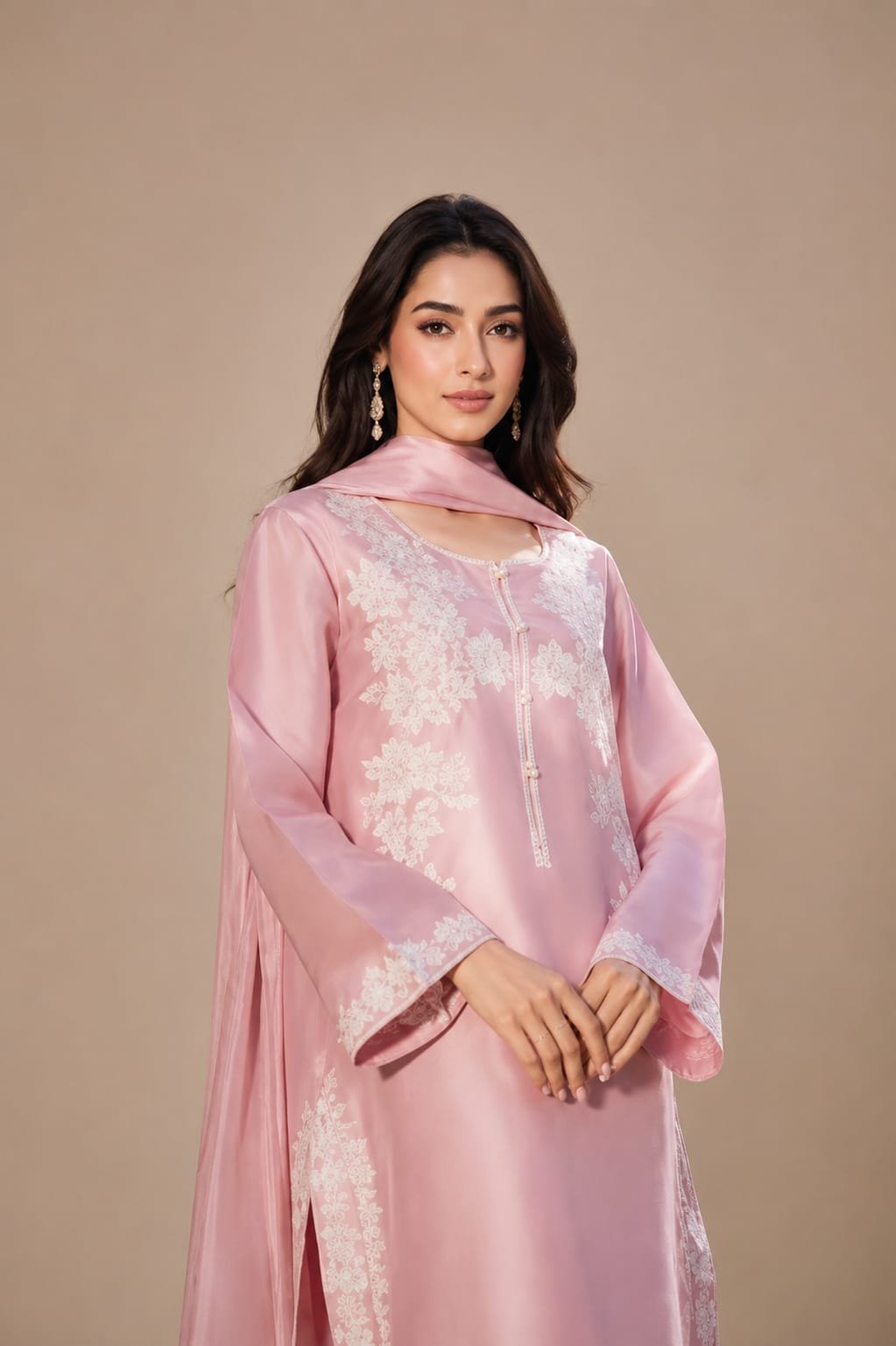 Powder Pink Raw Silk Suit with White Aari Floral Embroidery - 02