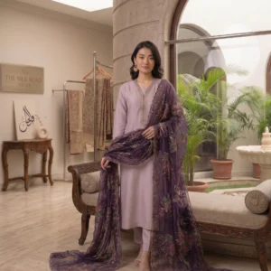 Salmon Pink Russian Silk Festive Suit with Hand-Painted Organza Dupatta - 01