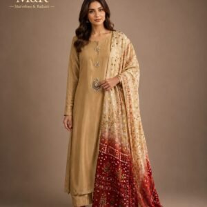 Sand Russian Silk Suit with Bandhani Ombre Dupatta & Sitara Work - 01