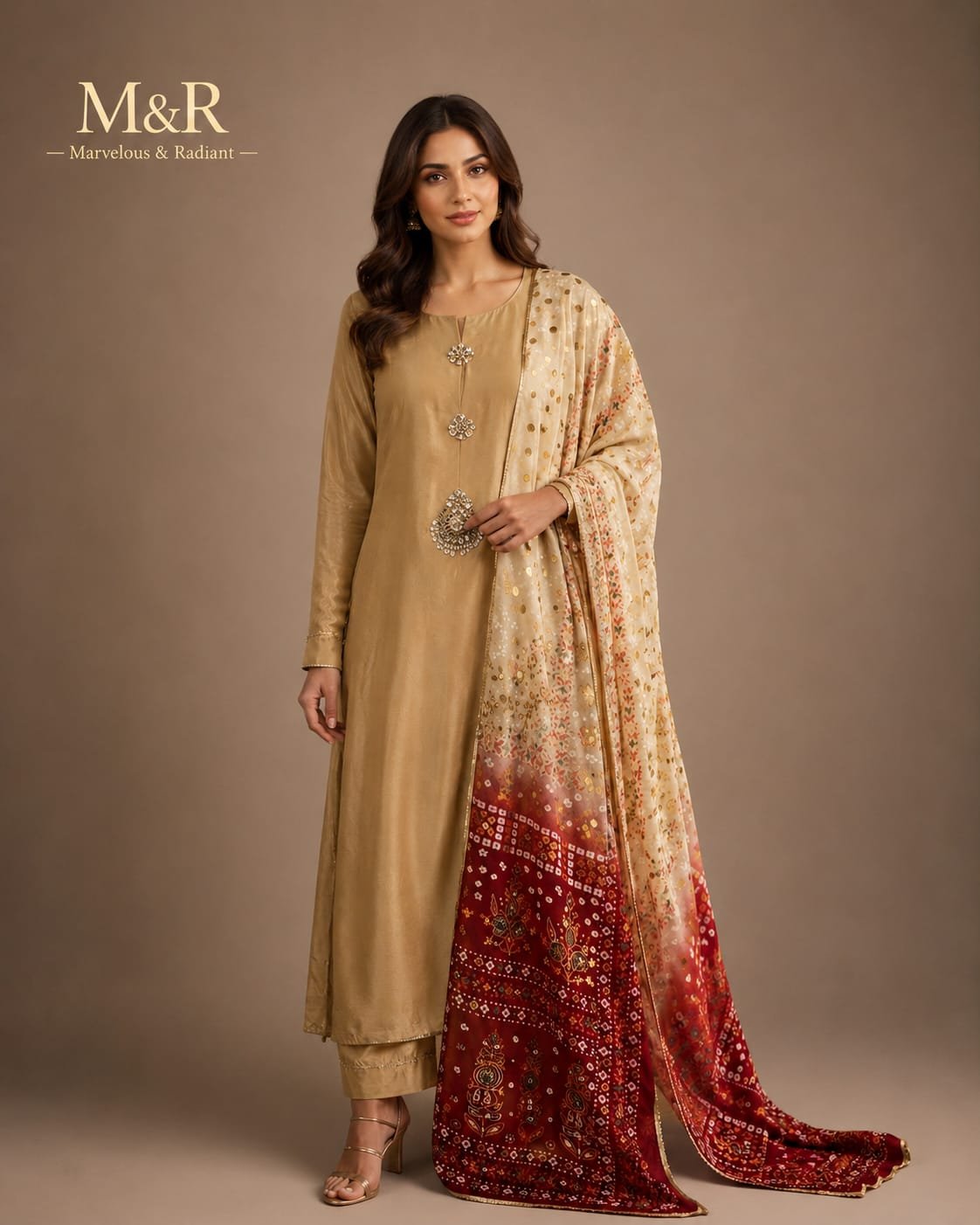 Sand Russian Silk Suit with Bandhani Ombre Dupatta & Sitara Work - 01