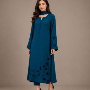 Teal Raw Silk Suit with Floral Cutwork Embroidery - 01