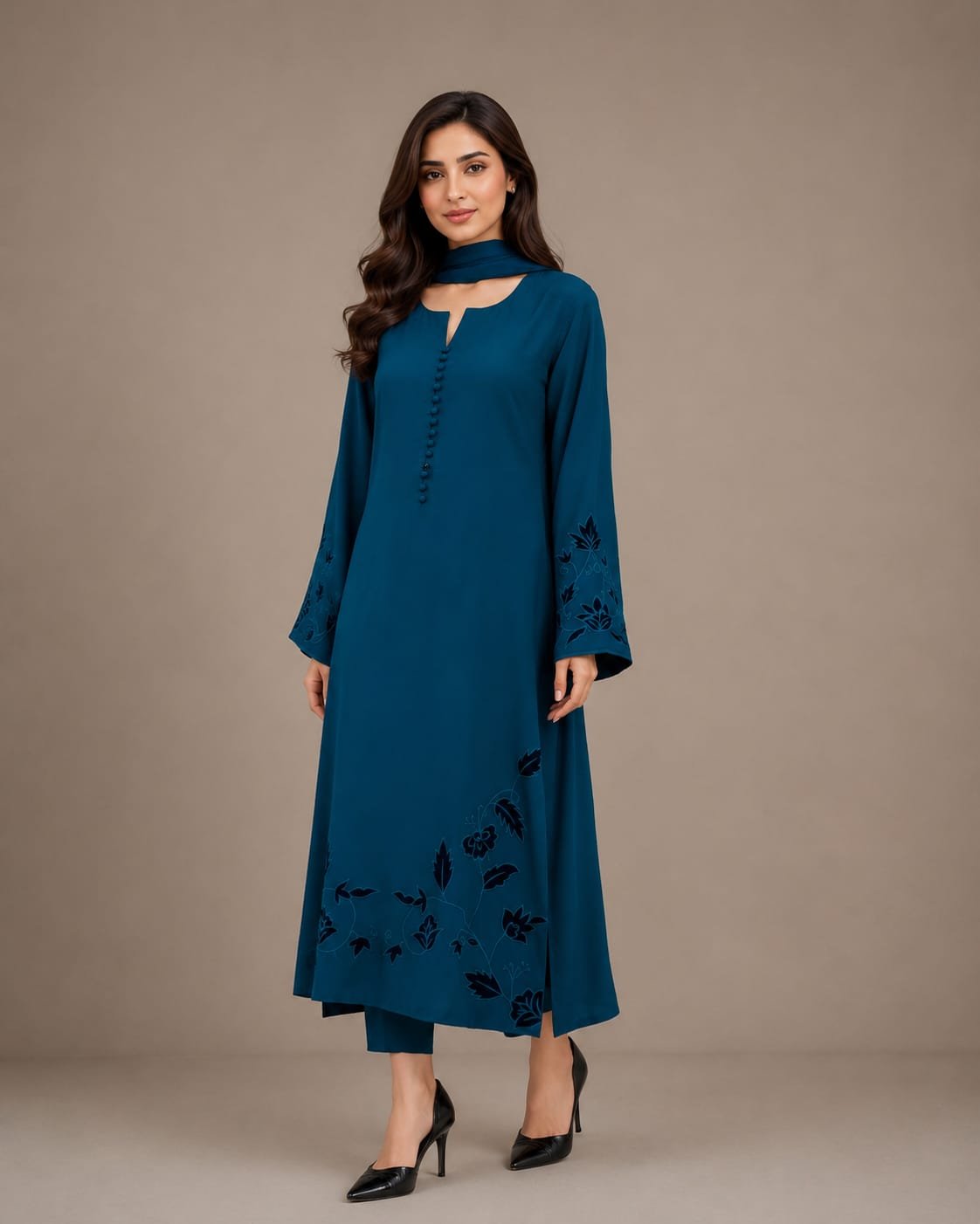 Teal Raw Silk Suit with Floral Cutwork Embroidery - 01