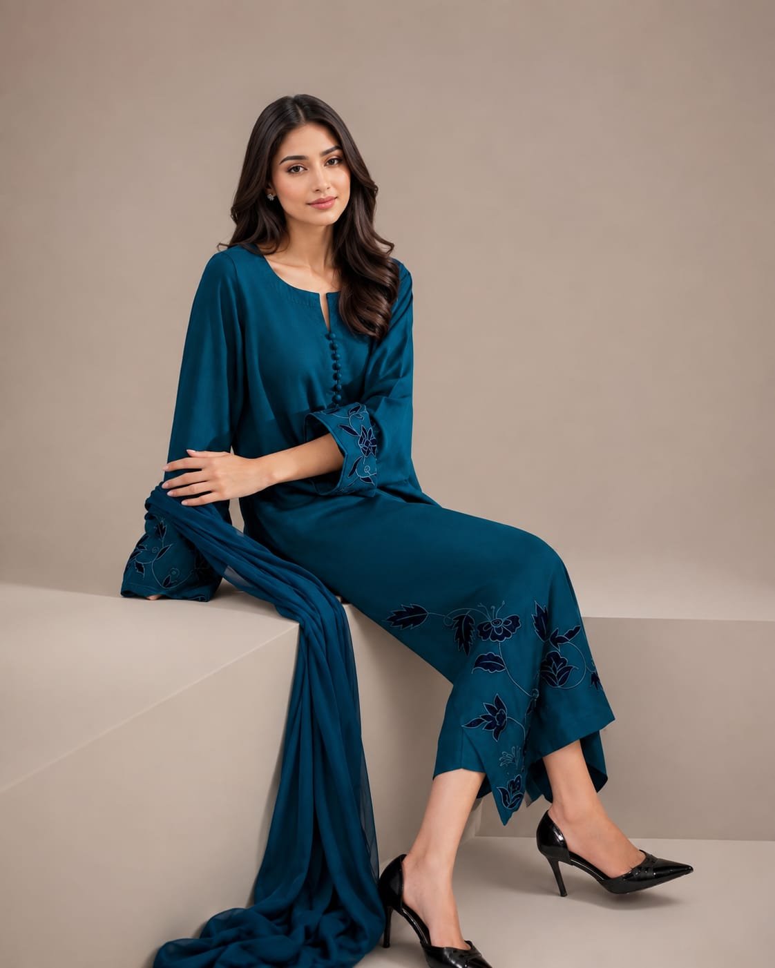 Teal Raw Silk Suit with Floral Cutwork Embroidery - 02