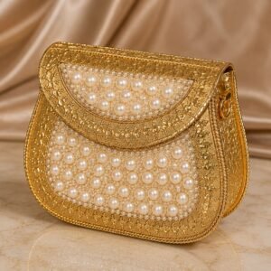 Pearl Studded Gold Clutch with Chain Strap
