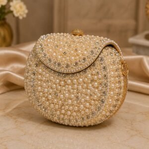 Pearl Embellished Round Clutch with Crystal Accents