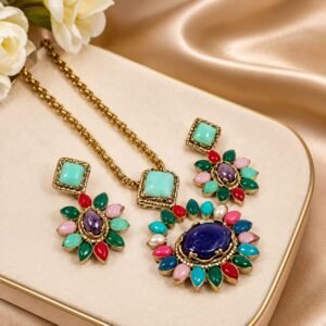 Designer Inspired Multicolor Stone Doublet Necklace and Earring Set