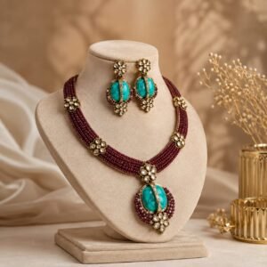 Ruby Turquoise Beaded Necklace and Earring Set, Limited Piece