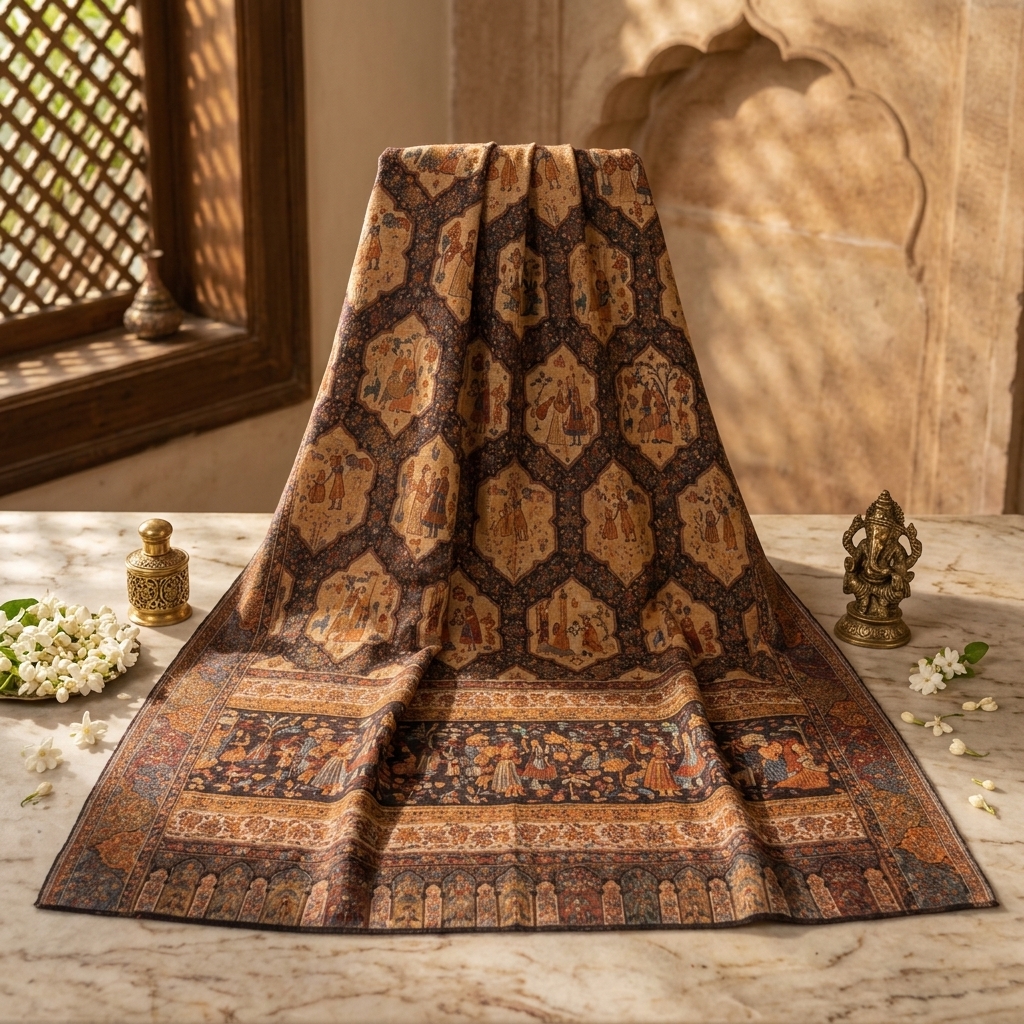 Regal Espresso & Amber Heritage Kani Silk Shawl with Mughal Figurative Motifs