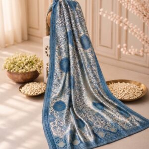 Artisanal Blue Floral Kani Silk Shawl – Silver Grey Heritage Edition