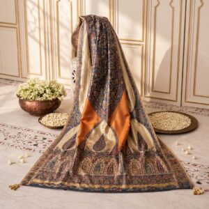 Luxurious Multi-Toned Kani Silk Shawl in Rust, Gold & Indigo
