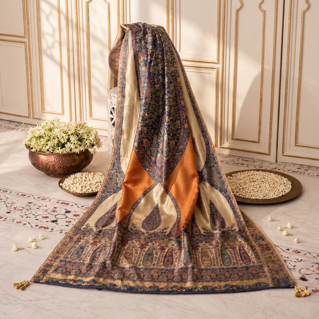Luxurious Multi-Toned Kani Silk Shawl in Rust, Gold & Indigo