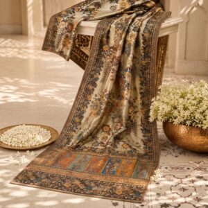 Graceful Teal & Amber Kani Silk Shawl on Luminous Neutral Base