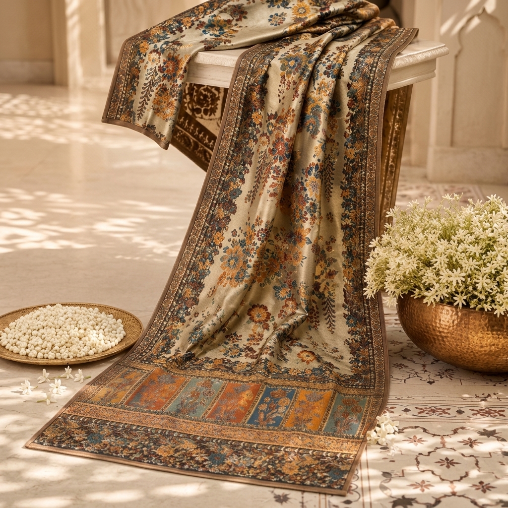 Graceful Teal & Amber Kani Silk Shawl on Luminous Neutral Base