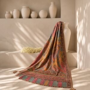 Vibrant Kani Silk Shawl with Intricate Coral & Turquoise Paisley Motifs