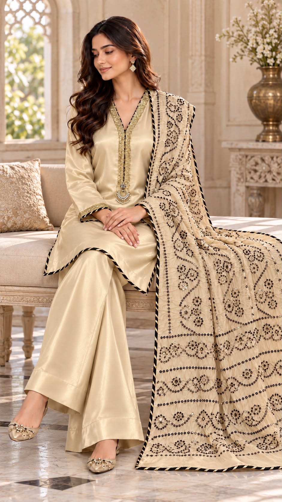 Light Honey Gold Pure Lama Silk 3-Piece Suit with Shikari Chunri Mukesh Dupatta - Image 3